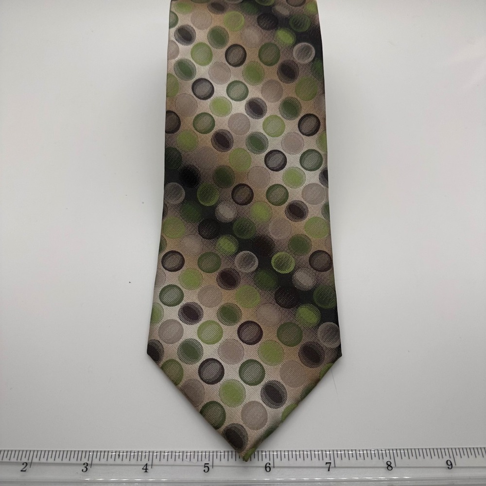 Van Heusen Stain Resistant Silk Tie Green Brown Circle Pattern